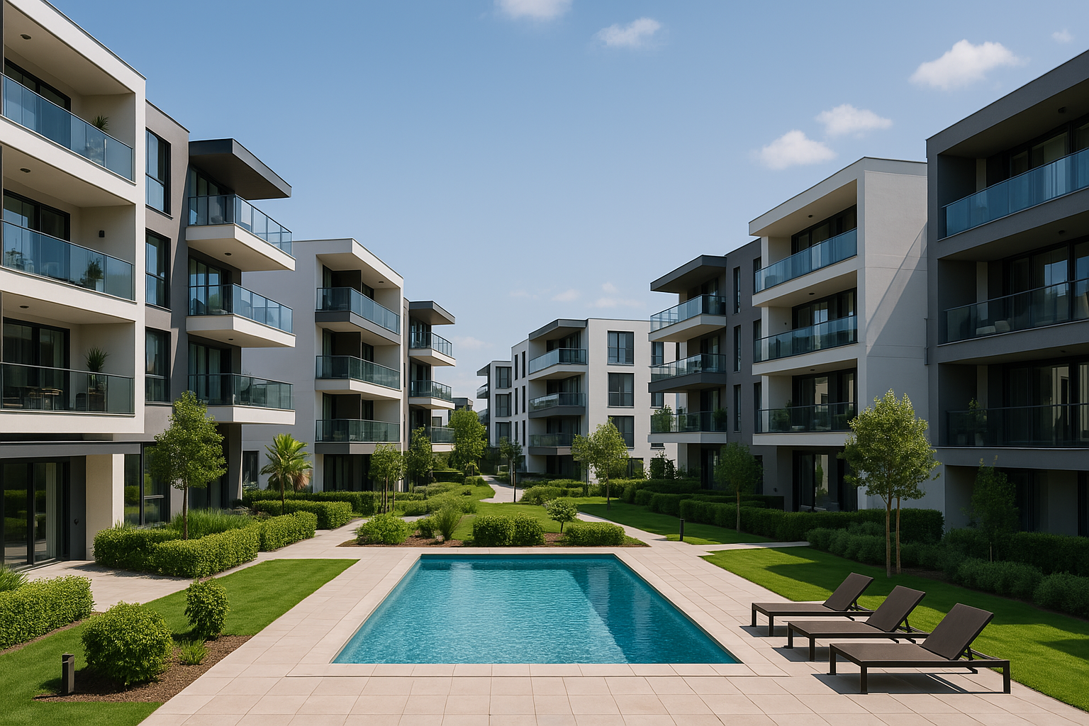 Prédios residenciais modernos com céu azul